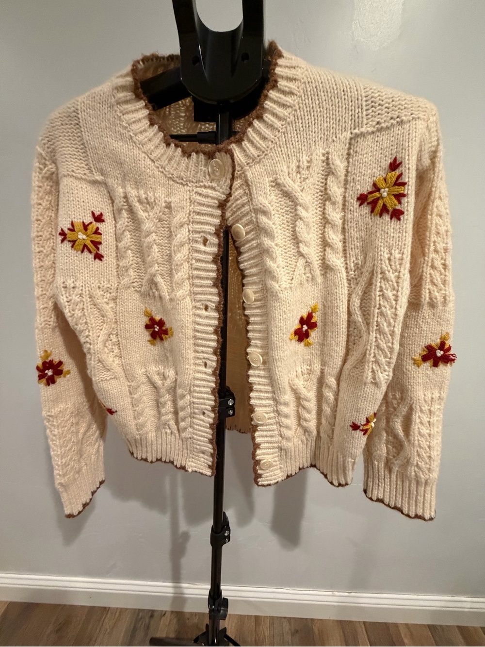 Vici Cream Cable-Knit Cardigan with Red & Gold Floral Embroidery